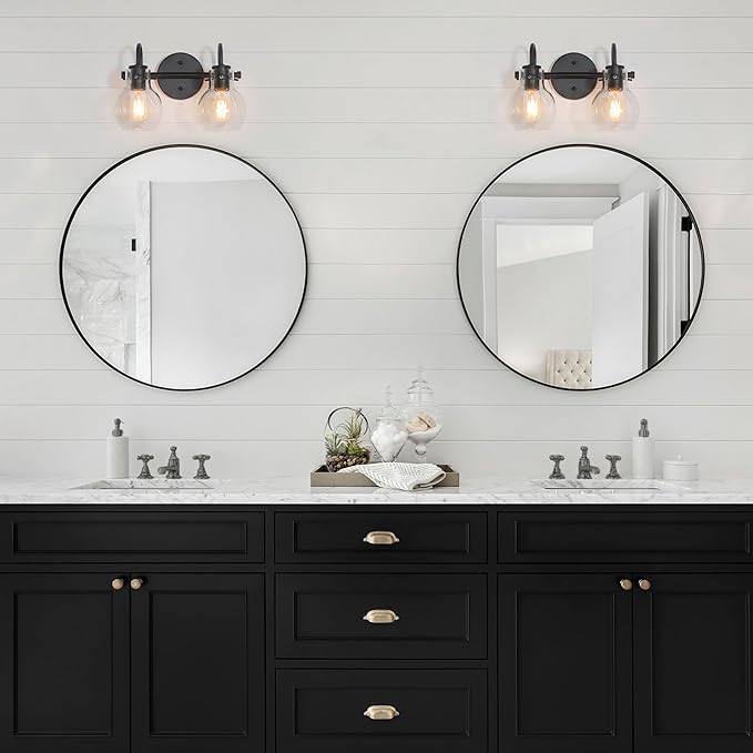 KSANA Black Bathroom Light Fixtures, 2-Light Modern Farmhouse Black Vanity Lights with Clear Glass Shade Over Mirror for Hallway, Kitchen, Bedroom, and Living Room