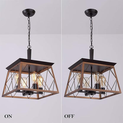 Q&S Farmhouse Rustic Chandeliers,Antique Geometric Industrial Hanging Light Bronze 4 Lights for Dining Room Kitchen Island Entryway Foyer Restaurant UL Listed