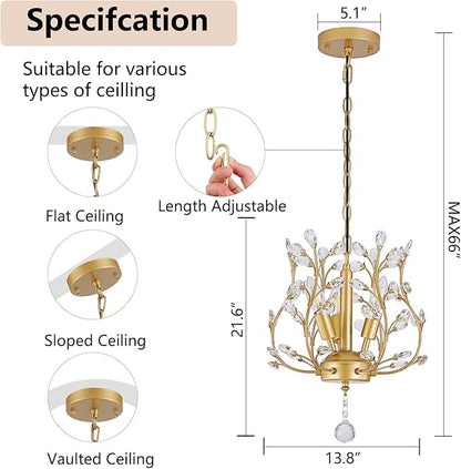 Small Gold Crystal Chandelier, Farmhouse 3-Light Branch Crystal Pendant Light with 47.2'' Adjustable Chain, Vintage 13.8'' Ceiling Hanging Light Fixture for Dining Room, Kitchen, Entryway