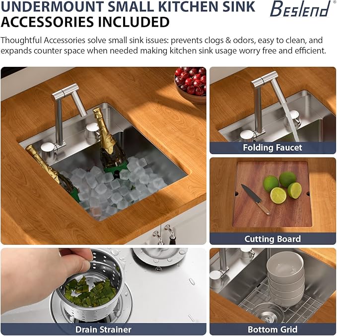 13 Inch Outdoor Kitchen Sink With Faucet and Cover - Beslend 13x15x9 Undermount Kitchen Bar Sink Workstation 16 Gauge Stainless Steel Single Bowl Small Sinks Under Counter Indoor Outdoor