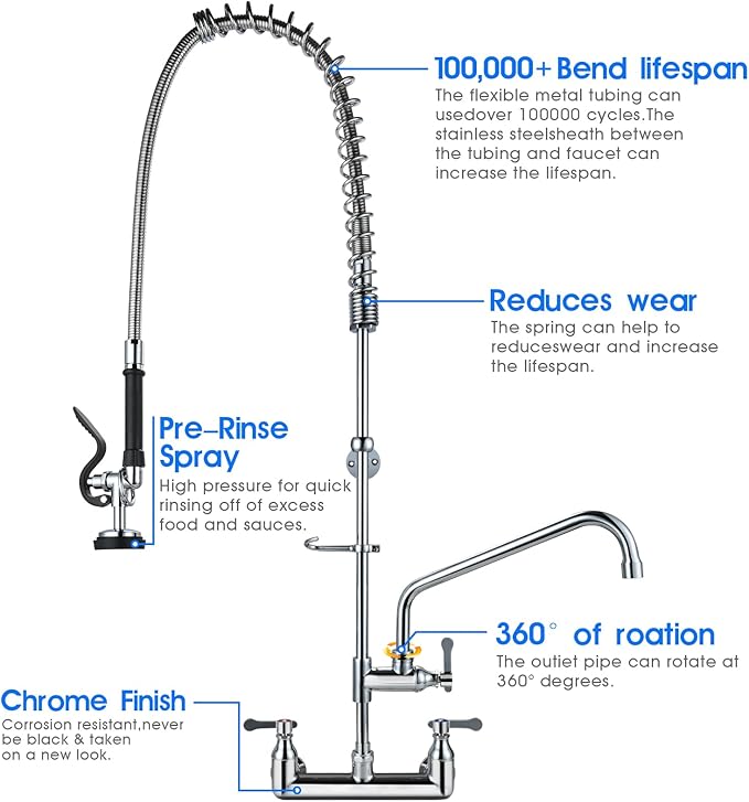 Commercial Kitchen Faucet with Pre-Rinse Sprayer 43" Height 8" Center Brass Constructed Wall Mount Kitchen Sink Faucet with Coiled Spring Pull Down Spray and 12" Add-on Swing Spout