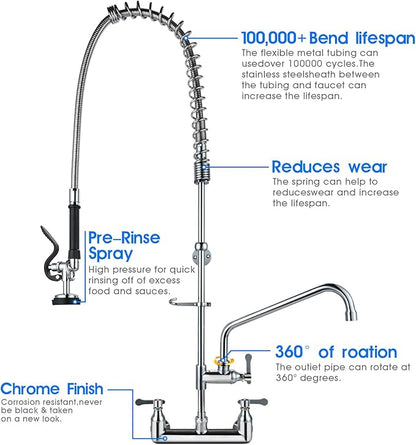 Commercial Kitchen Faucet with Pre-Rinse Sprayer 43" Height 8" Center Brass Constructed Wall Mount Kitchen Sink Faucet with Coiled Spring Pull Down Spray and 12" Add-on Swing Spout