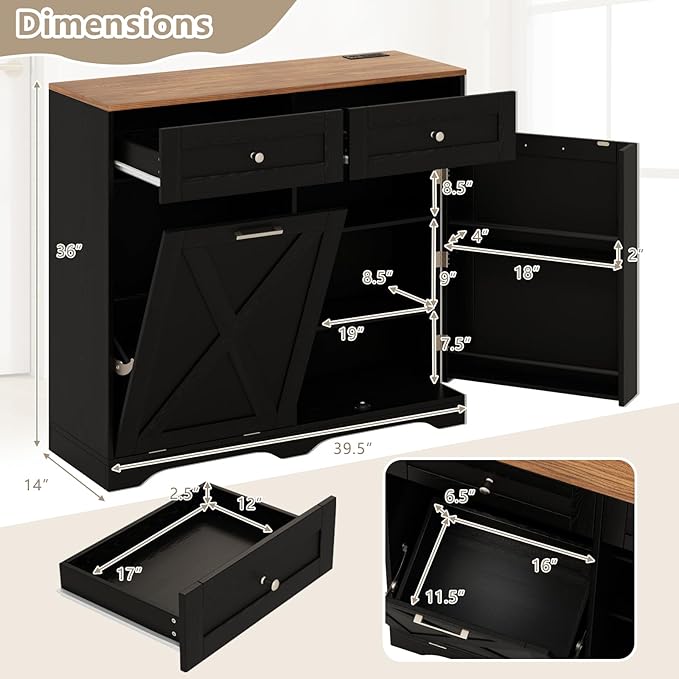 Giantex Kitchen Island with Tilt Out Trash Can Cabinet 10 Gallon, Power Outlet, 2 Drawers, Adjustable Shelves, Hidden Storage Garbage Bin Cabinet for Dining Room Laundry Room (Black+Walnut)