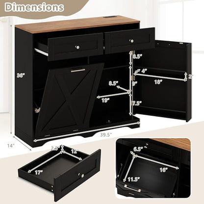 Giantex Kitchen Island with Tilt Out Trash Can Cabinet 10 Gallon, Power Outlet, 2 Drawers, Adjustable Shelves, Hidden Storage Garbage Bin Cabinet for Dining Room Laundry Room (Black+Walnut)