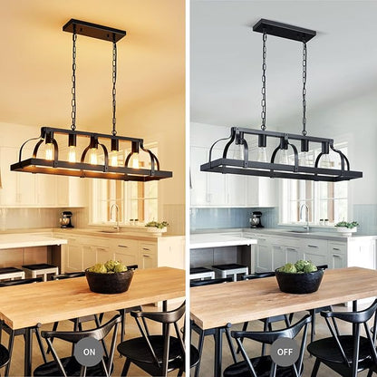 WUZUPS 5-Light Metal Chandelier Linear Pendant Ceiling Lighting Rustic Farmhouse Fixture Kitchen Island Dining Room, H 8.5" L 31.5" W10, E26 Base, Black