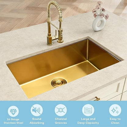 Gold Kitchen Sink,Undermount Kitchen Sink 23 X 18 inch,Single Bowl 16 Gauge Stainless Steel Undermount Sinks