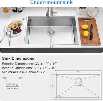 PEPO 33 Inch Kitchen Sink Undermount - 33 x 19 Undermount Kitchen Sink Workstation Deep Single Bowl 16 Gauge Stainless Steel Sinks Basin