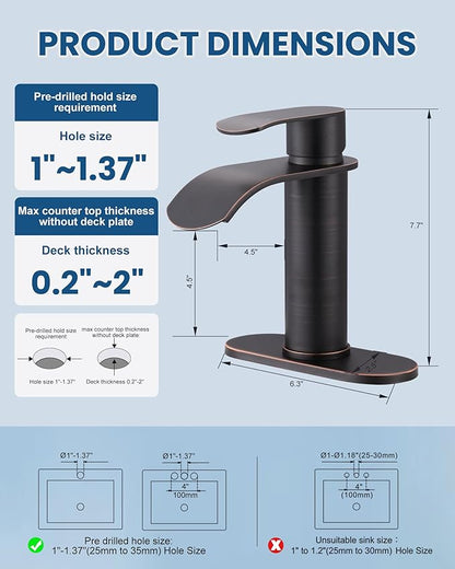 Waterfall Bathroom Faucet Single Handle – WOWOW Modern Oiled Rubbed Bronze Vanity Sink Faucet, Stainless Steel Basin Sink Tap for RV Lavatory 1 or 3 Hole, Hot & Cold Mixer Tap with Pop up Drain
