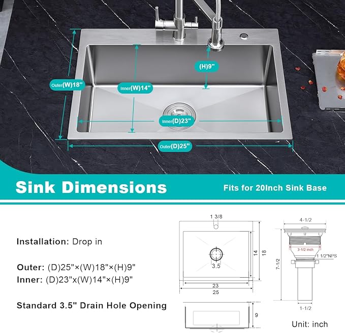 25x18 inch Drop-in Kitchen Sink Single Bowl with 2 Holes, 18 Gauge Stainless Steel Handmade Residential Topmount Kitchen Sink 9 inch Deep Basin Bowl (Brushed Nickel)