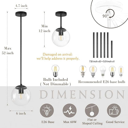Bagood 6 Inch Globe Pendant Light Black Mid Century Pendant Light Clear Glass Pendant Lights Kitchen Island Mid Century Adjustable Hanging Farmhouse Pendant Lights Fixtures for Kitchen Island