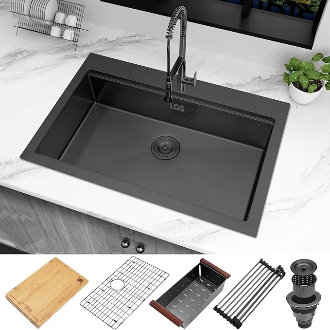 LQS Black Drop In Kitchen Sink, 33x22 Drop In Kitchen Sink, 16 Gauge Stainless Steel Sink Top Mount Deep & Large Sink with Multifunctional Workstation Kitchen Sinks and Practical Accessories