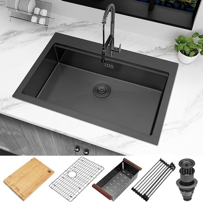 LQS Black Drop In Kitchen Sink, 33x22 Drop In Kitchen Sink, 16 Gauge Stainless Steel Sink Top Mount Deep & Large Sink with Multifunctional Workstation Kitchen Sinks and Practical Accessories