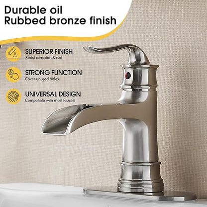 FRANSITON Waterfall Faucet Bathroom Faucet Single Handle One Hole Brushed Nickel Finish Large Spout Lavatory Faucets (Brushed Nickel)
