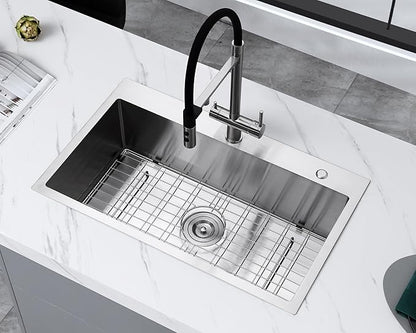 30x18 Inch Drop in Kitchen Sink Brushed, 304 Stainless Steel Single Bowl with Dual Faucet Holes & Bottom Grid Mat, 9" Deep Large Sink for Spacious Kitchen, Commercial Prep, Laundry, Wet Bar