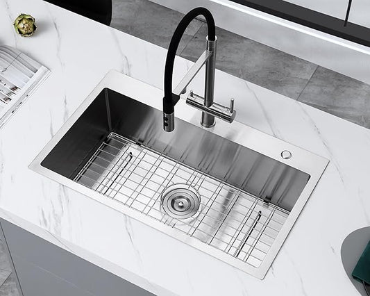 28x18 Inch Drop in Kitchen Sink, 304 Stainless Steel Single Bowl with Dual Faucet Holes & Bottom Grid Mat, 9" Deep Large Sink for Spacious Kitchen, Laundry, Bar, Commercial Prep Station