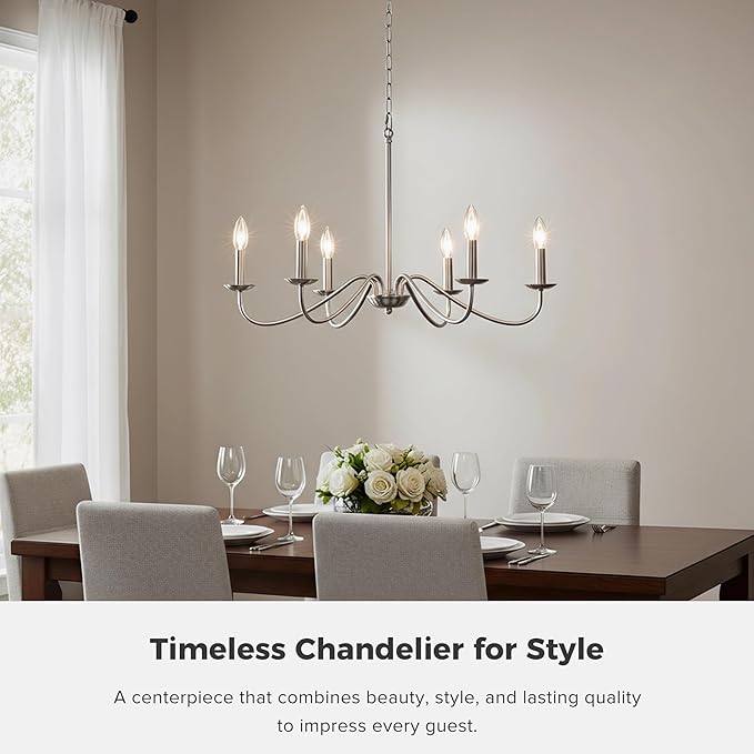 6-Light Brushed Nickel Chandelier, Modern Candle Chandelier Light Fixture, 27.5'' Contemporary Dining Room Chandelier for Kitchen Island Living Room Entryway Foyer