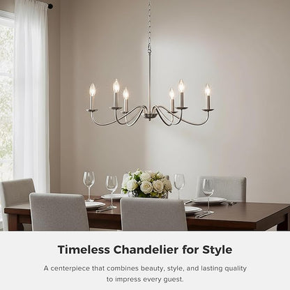 6-Light Brushed Nickel Chandelier, Modern Candle Chandelier Light Fixture, 27.5'' Contemporary Dining Room Chandelier for Kitchen Island Living Room Entryway Foyer