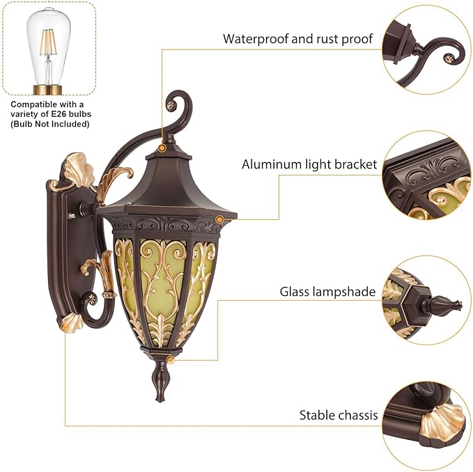 Outdoor Wall Light Fixtures, IP55 Waterproof Outside Wall Lantern Retro Exterior Wall Sconces Vintage Wall-Mounted Lights for Garage House Porch Doorway, E26 w/o Bulb