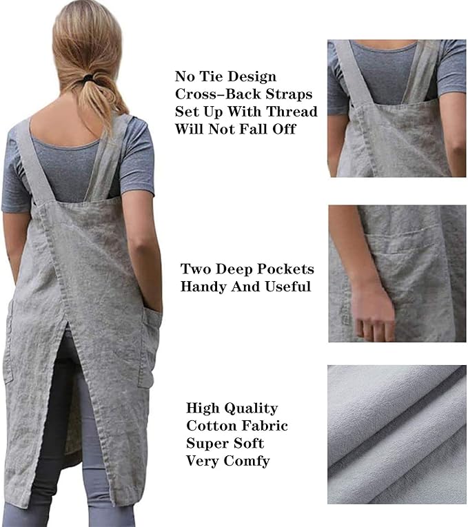 Cotton Linen Apron Cross Back Apron for Womens with Pockets Pinafore Dress for Baking Cooking