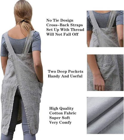 Cotton Linen Apron Cross Back Apron for Womens with Pockets Pinafore Dress for Baking Cooking