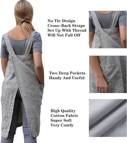 Cotton Linen Apron Cross Back Apron for Women with Pockets Pinafore Dress for Baking Cooking