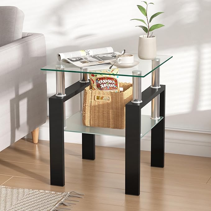 IANIYA Modern Glass Side Table, 2-Tier End Table with Tempered Glass Top & Metal Legs, Night Stand Corner Small Table for Living Room, Bedroom, Small Space