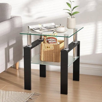 IANIYA Modern Glass Side Table, 2-Tier End Table with Tempered Glass Top & Metal Legs, Night Stand Corner Small Table for Living Room, Bedroom, Small Space