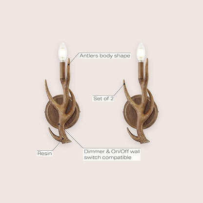 JONATHAN Y 5.5" Brown 1-Light Wood Finish Faux Antler LED Vanity Light Set of 2, Rustic Wall Sconces for Bathroom Mirror Hallway, Southwestern Farmhouse Decor, LED Bulbs Included JYL6307A-SET2