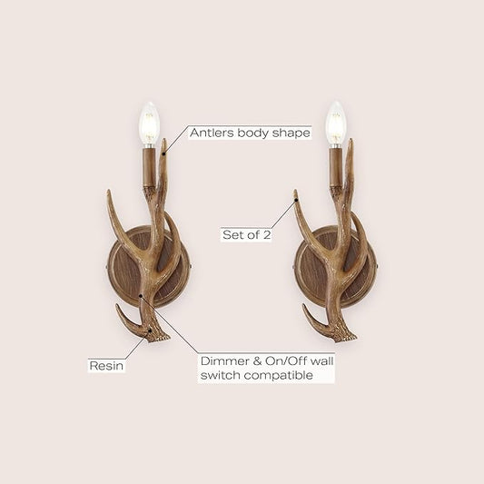 JONATHAN Y 5.5" Brown 1-Light Wood Finish Faux Antler LED Vanity Light Set of 2, Rustic Wall Sconces for Bathroom Mirror Hallway, Southwestern Farmhouse Decor, LED Bulbs Included JYL6307A-SET2
