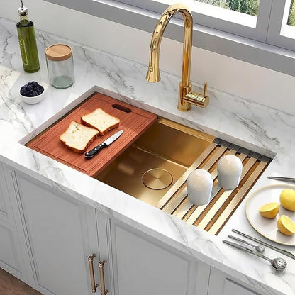 Gold Undermount Kitchen Sink 33 Inch,16 Gauge SUS304 Stainless Steel All In One Workstation Sinks With Full Set Accessories, 33" x 18" x 10" Large and Deep Handmade Single Bowl Kitchen Sinks