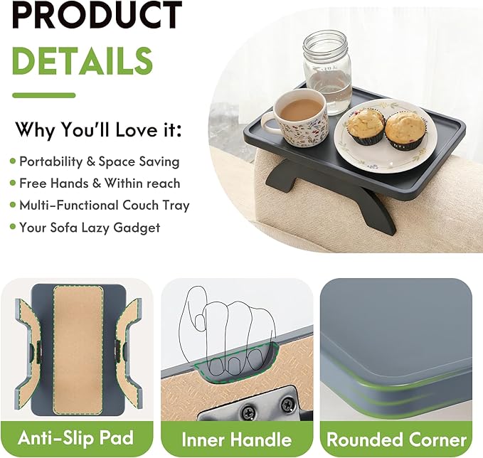 SINWANT Couch Arm Table,Sofa Arm Clip on Tray Tables,Bamboo Couch Armrest Table Suitable for Home Drinks/Eat/Fruit, Snack Chair Tray for Drink Eating