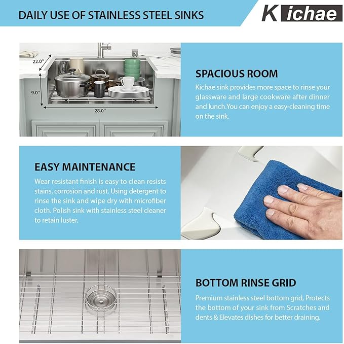 Kichae 28 Kitchen Sink Drop In - 28x22 Inch Drop Sink Workstation Stainless Steel Single Bowl Topmount Overmount Kitchen Sink Handmade Basin