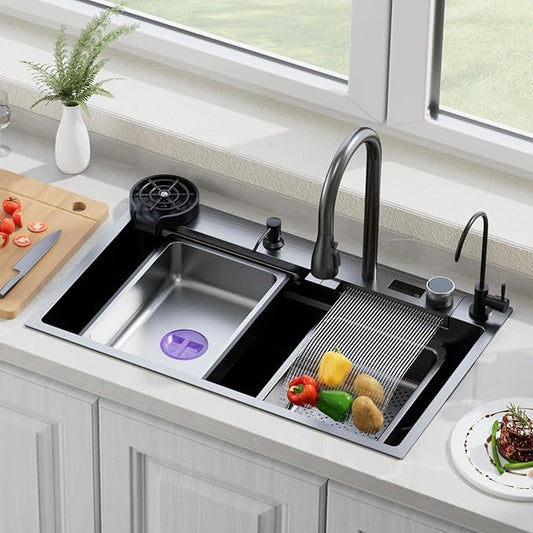 Smart Waterfall Kitchen Sink 29.5 Inch, Black Stainless Steel Workstation Sink with Digital Display Faucet, Drop In Single Bowl Kitchen Sink with Accessories, Modern Deep Kitchen Sink