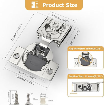 Furniware 50 Pieces 1/2 inch Overlay Soft Close Cabinet Hinges for Face Frame Cabinet, Stainless Steel, 105° Opening Angle, Concealed Self Closing Door Hinges- 3 Way Adjustment