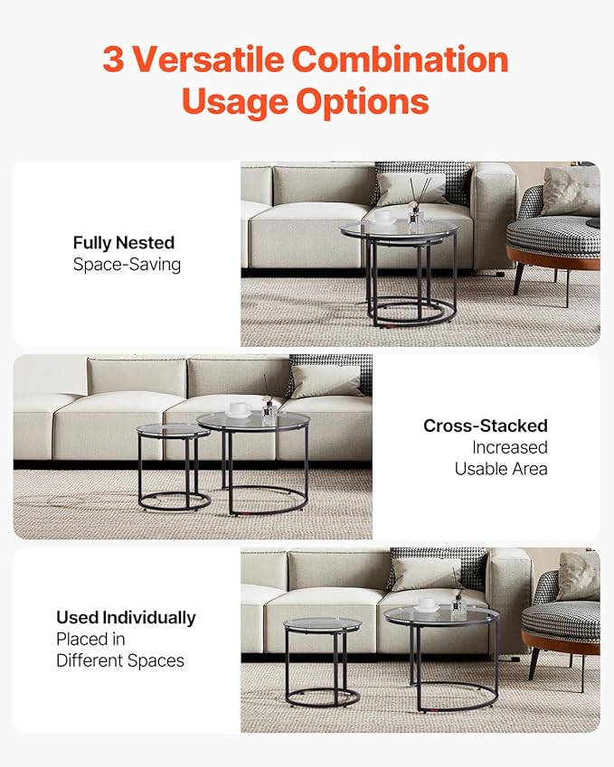 VEVOR Nesting Coffee Table Set of 2, 23.6 in Round Coffee Table, Glass Nesting Tables for Small Place, Modern End Side Tables Night Stand with Metal Frame, for Living Room, Bedroom, Balcony, Office
