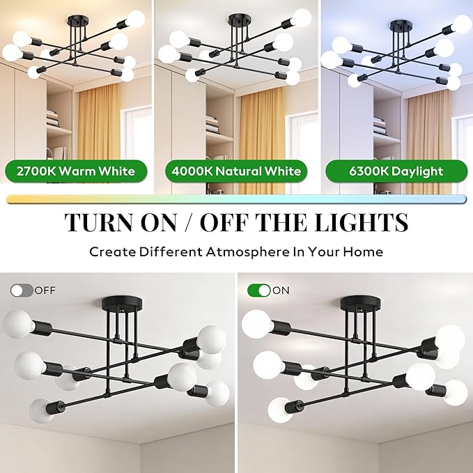Modern Sputnik Chandelier Ceiling Light Fixtures, 8-Lights Mid Century Industrial Metal Semi Flush Mount for Dining Room, Bedroom, Living Room-Black