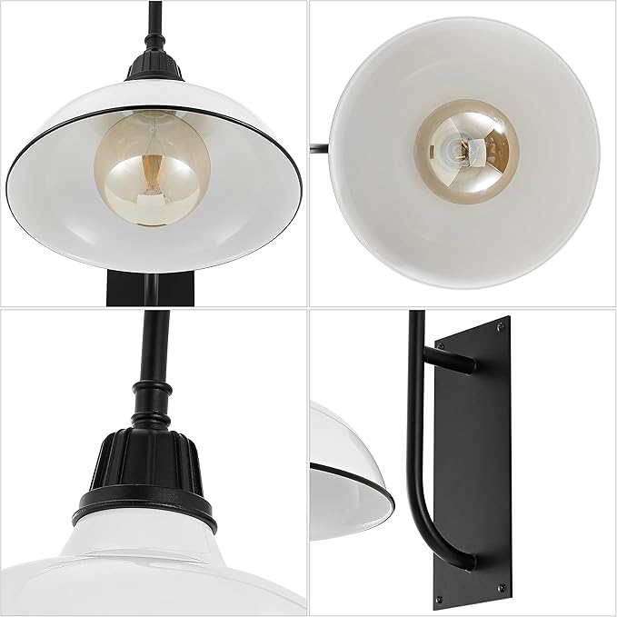 JONATHAN Y 12.25" White/Black 1-Light Farmhouse Gooseneck Outdoor Wall Sconce Lamp, with Black Metal Bowl Shade, Industrial Iron LED Porch Light for Patio Garage Entryway JYL7614A