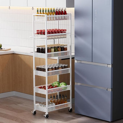 6 Tier Slim Storage Cart with Wheels, 10" D Rolling Storage Cart for Small Space, Metal Narrow Spice Cabinet Mobile Shelving Unit Organizer with Handle for Kitchen, Laundry - White