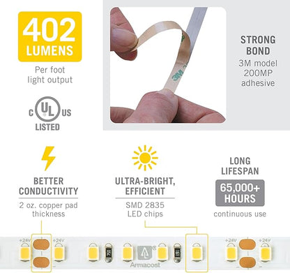 Armacost Lighting RibbonFlex Pro 24V White LED Strip Lights 120 LED/m, 2700K, 16.4 ft 136230