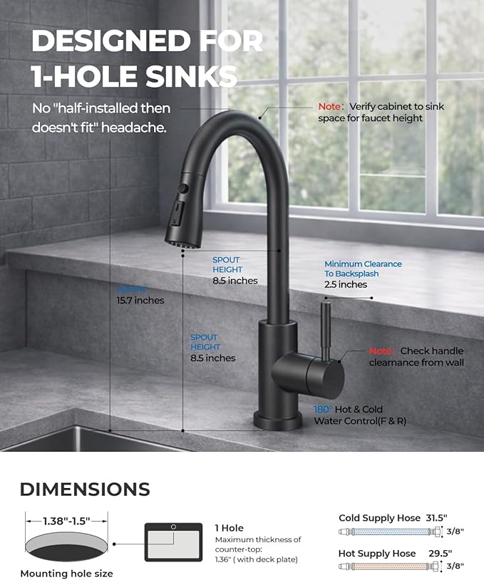 WEWE Kitchen Faucets with Pull Down Sprayer, Stainless Steel Single Handle 1 Hole for Family Kitchen Commercial Camper Laundry Rv Bar, Matte Black