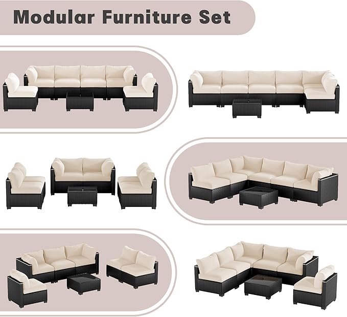 Patio Furniture Set, 7-Piece Outdoor Sectional Couch with Coffee Table & Thick Cushions, Outdoor Wicker Conversation Set for Backyard, Poolside, Garden (Black-White, 7 Piece-Single)