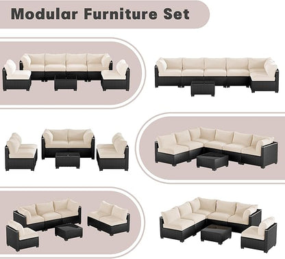 Patio Furniture Set, 7-Piece Outdoor Sectional Couch with Coffee Table & Thick Cushions, Outdoor Wicker Conversation Set for Backyard, Poolside, Garden (Black-White, 7 Piece-Single)