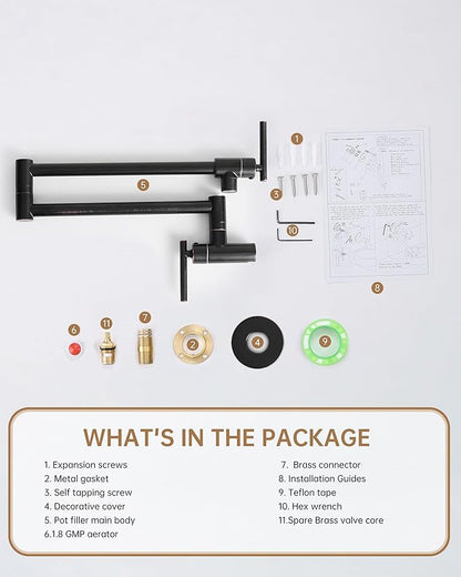 Fransiton Oil-Rubbed Bronze Pot Filler, Pot Filler Faucet Wall Mount, Brass Folding Stretchable with Double Joint Swing Arm Single Hole Two Handles Kitchen