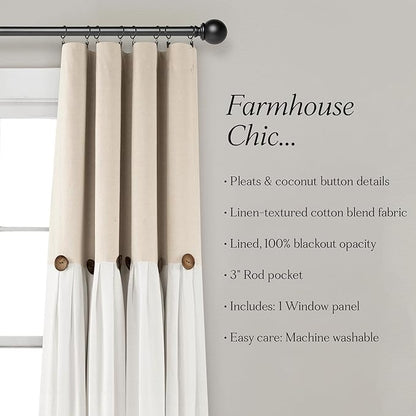 Lush Decor Linen Button Window Curtain Panel, Single, 40" W x 84" L, Linen - Country Curtains - Rustic Decor - Color Block Modern Farmhouse Curtains For Living Room, Bedroom & Dining Room