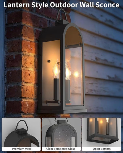 Outdoor Wall Light Fixtures, 2 Light Porch Lights Outdoor, Matte Black Exterior Waterproof Wall Sconce with Glass Shade, Outside Lantern for House Garage Doorway Patio Entryway, E12 Socket