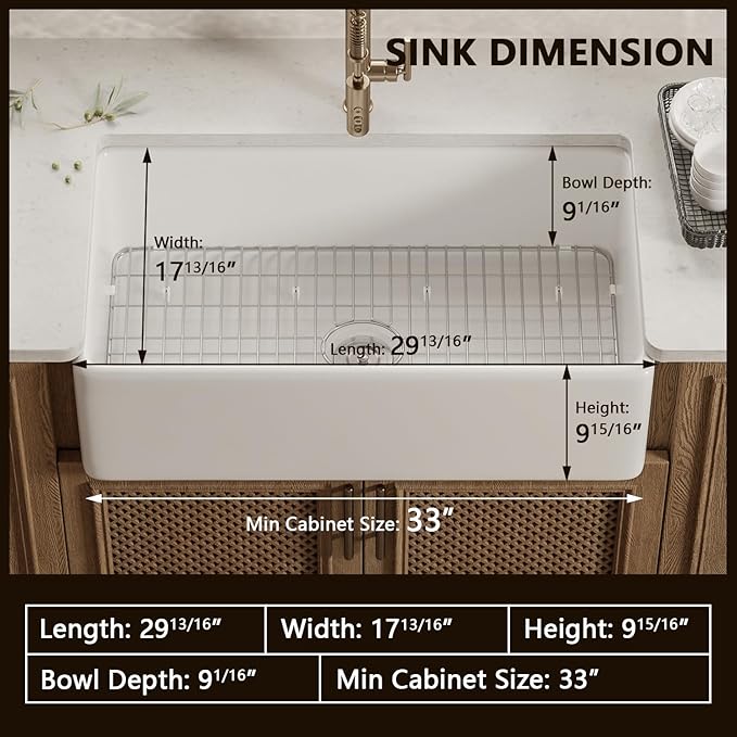 DeerValley Farmhouse Kitchen Sink 30 Inch, Fireclay White Apron Front Farm Sink, Single Bowl Deep Drop-in Undermount Reversible Sink with Grid & Strainer