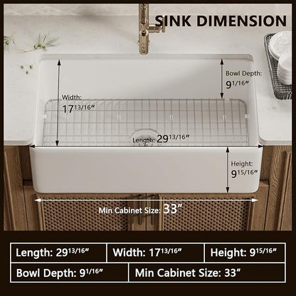 DeerValley Farmhouse Kitchen Sink 30 Inch, Fireclay White Apron Front Farm Sink, Single Bowl Deep Drop-in Undermount Reversible Sink with Grid & Strainer