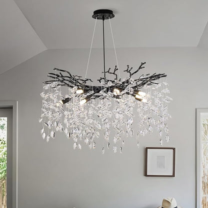 Crystal Tree Branches Chandeliers Luxury Round Hanging Pendant Light 10 Lights for Dining Room Bedroom Living Room Entryway 30.5" Black