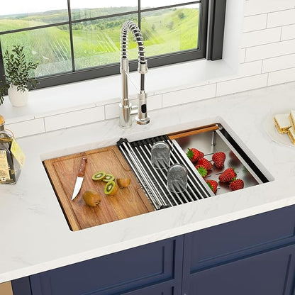 30 x 19 Inch Undermount Kitchen Sink 18 Gauge Stainless Steel Handmade Workstation Sink Round Corners Single Bowl Large Deep Under Counter Kitchen Sinks Basin, 30"x19"x9"