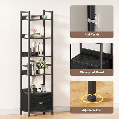 Furologee Book Shelf Set of 2, 6 Tier Tall Shelf with Drawer, Bookshelves and Bookcases Set of 2, Industrial Display Shelving Unit for Bedroom, Living Room, Home Office, Black Oak